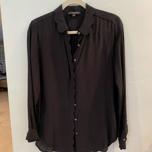 Banana Republic Silk Solid Black Scalloped Trim Blouse
